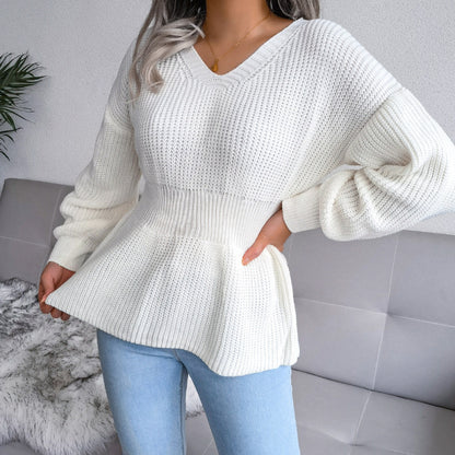 Women Autumn Casual Long Puff Sleeve Solid Color V Neck Knitted Sweater