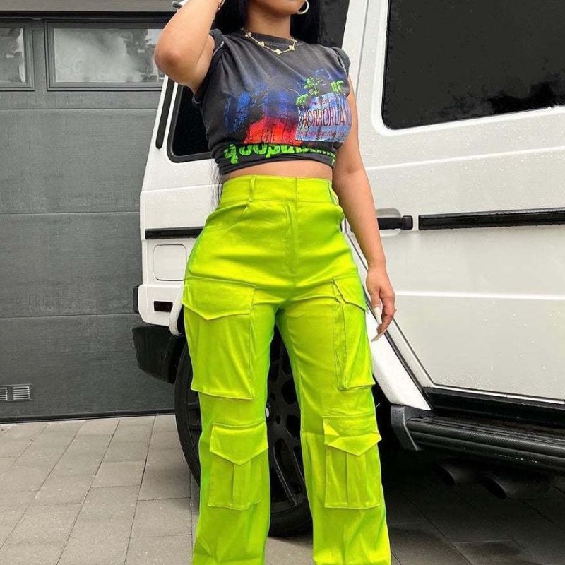 Women Fashion Casual Solid Color Multi-Pocket Cargo Pants