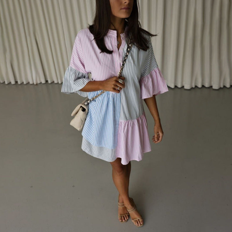 Women Casual Stripe Contrast Print Flare Short Sleeve Casual Dress