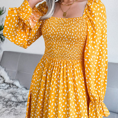 Women Fashion Casual Vacation Beach Dot Print Square Collar Long Sleeve Maxi Dress