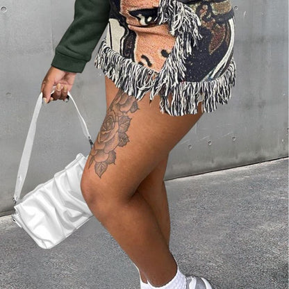 Women Casual Fashion Multicolor Graphic Printing Fringe Velvet Skirt