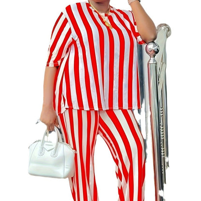 Conjunto de dos piezas de top y pantalón de manga corta con estampado a rayas, informal, de talla grande, para mujer