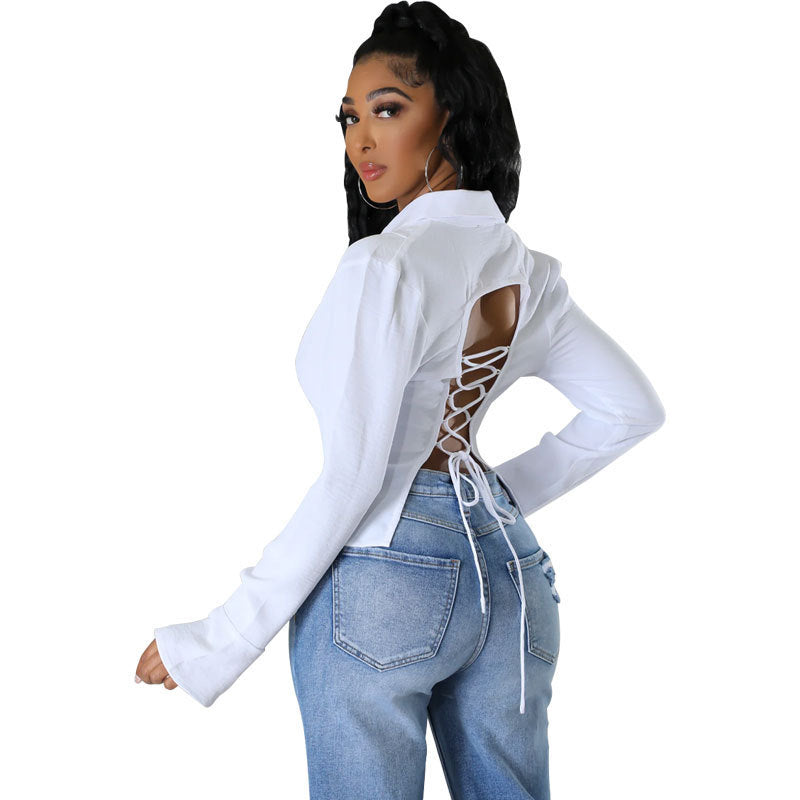 Camisa informal de manga larga con tirantes y escote en V profundo para mujer