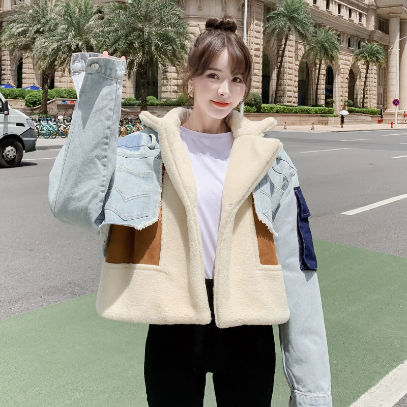 Chaqueta vaquera informal holgada de manga larga y felpa corta para mujer