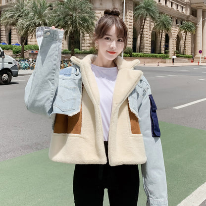 Chaqueta vaquera informal holgada de manga larga y felpa corta para mujer