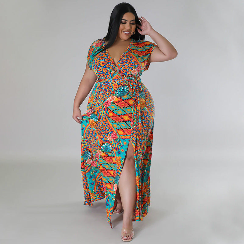 Women Casual Loose Boho Floral Printed V- Neck Short Sleeve Defined Waist Front Split Dress