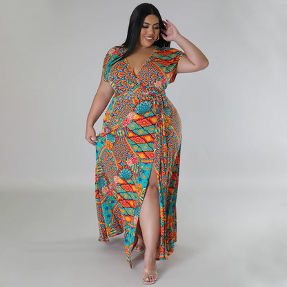 Women Casual Loose Boho Floral Printed V- Neck Short Sleeve Defined Waist Front Split Dress