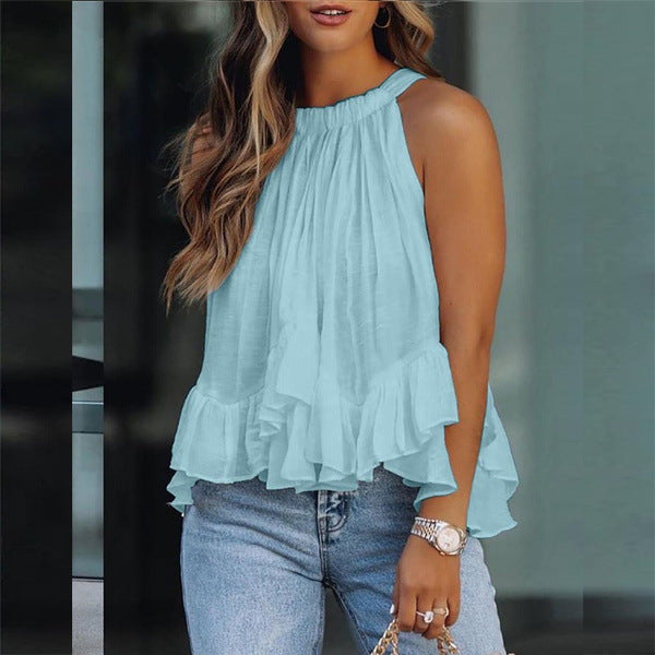 Blusa informal de verano para vacaciones, color liso, sin mangas, holgada, con cuello redondo y volantes