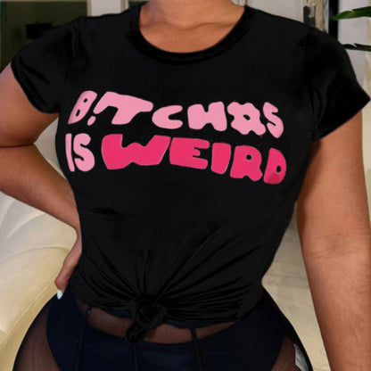 Camiseta informal de verano para mujer, con cuello redondo, manga corta y estampado de letras