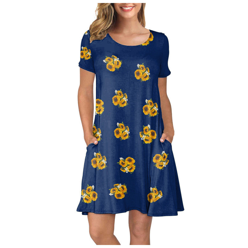 Crewneck Floral Sunflower Printed Women Casual Short Sleeve Pocket Dress