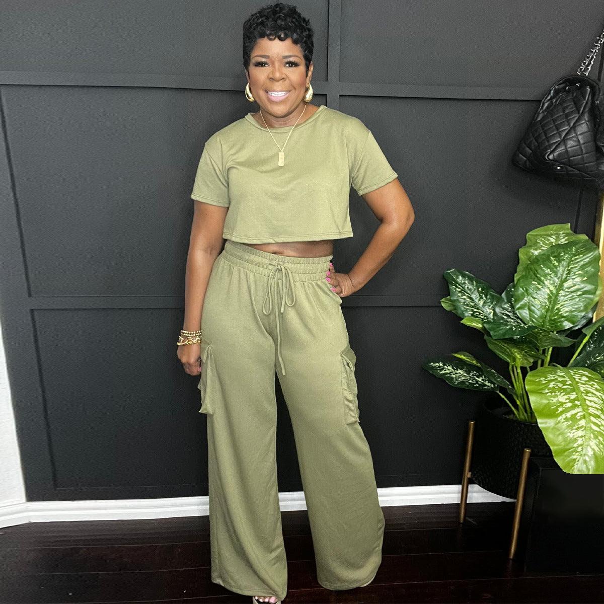 Women Casual Solid Color Round Neck Short-Sleeved Crop Top Drawstring Wide-Leg Pants Two-Piece Set