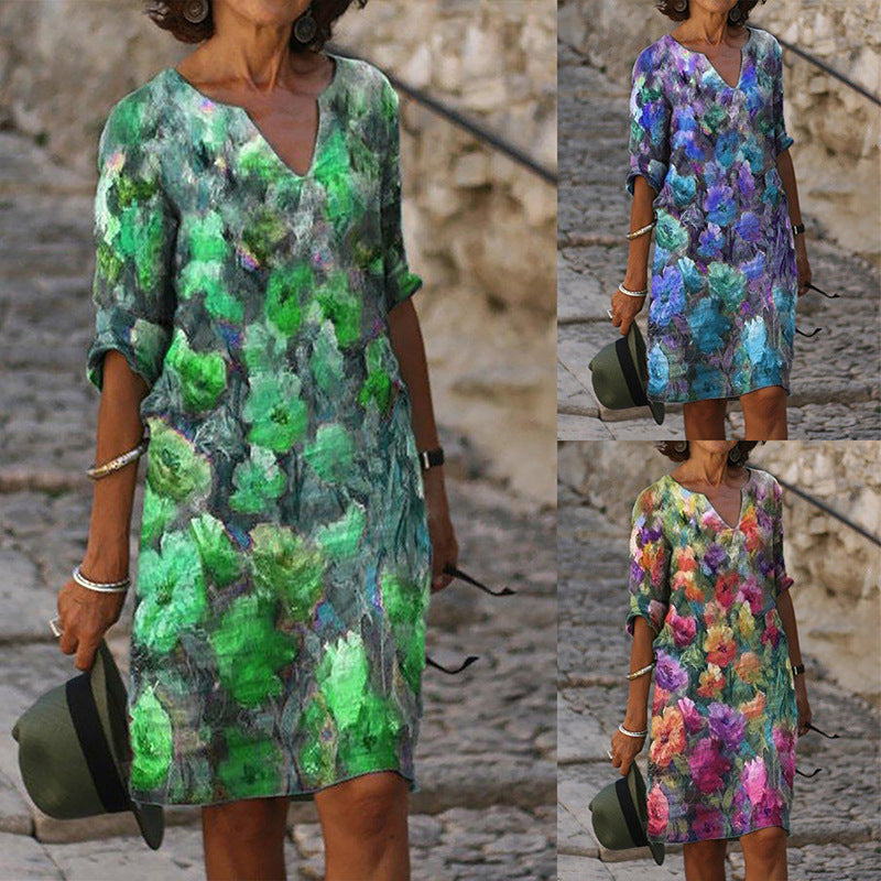 Vestido informal de manga corta con cuello en V y estampado de flores multicolor para mujer