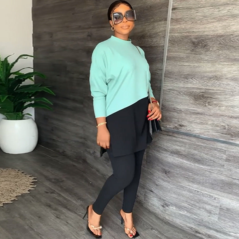 Conjunto de dos piezas de sudadera y pantalones casuales de manga larga, cuello redondo y bloques de color para mujer