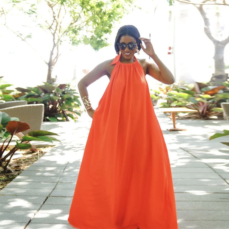 Women Fashion Casual Sleeveless Halter Neck Backless Solid Color Loose Dress