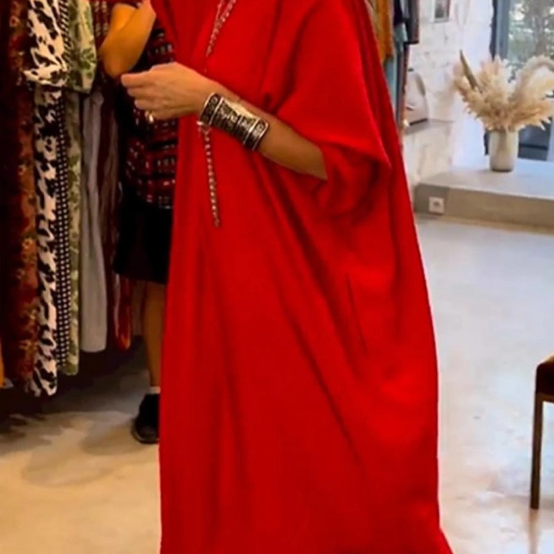Vestido largo informal de oficina con bolsillos y escote en V, manga corta, holgado y elegante, de color liso, para mujer