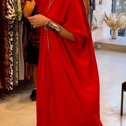Vestido largo informal de oficina con bolsillos y escote en V, manga corta, holgado y elegante, de color liso, para mujer