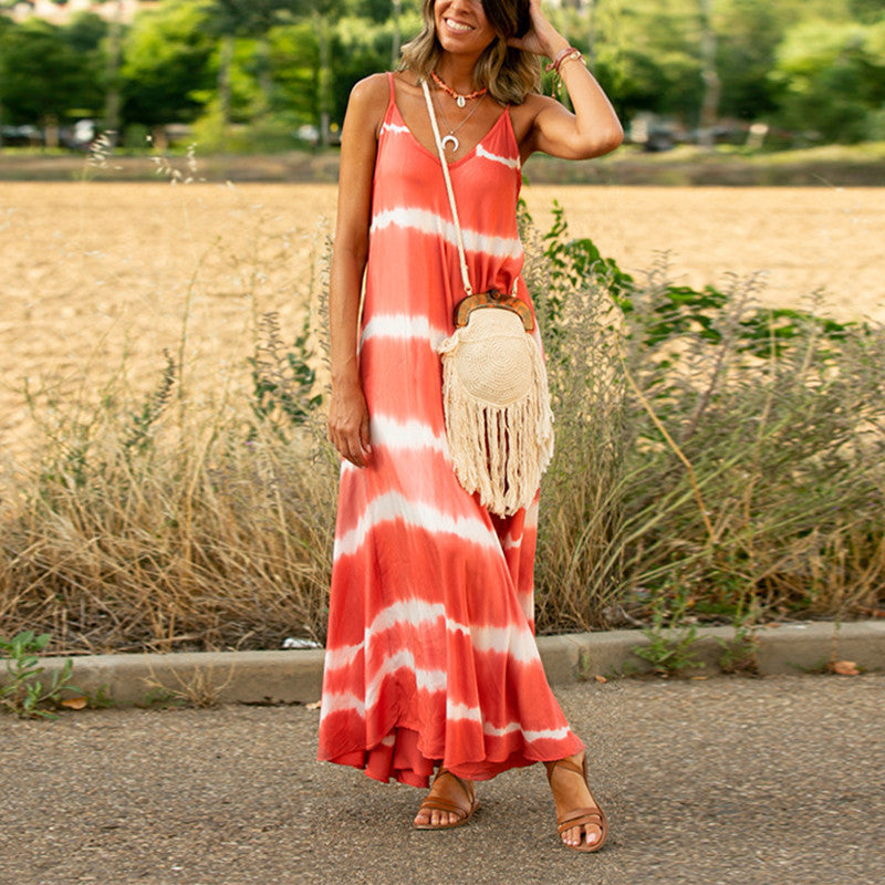 Summer Vacation Women Casual Tie Dye Print Spaghetti Strap Loose Maxi Dress