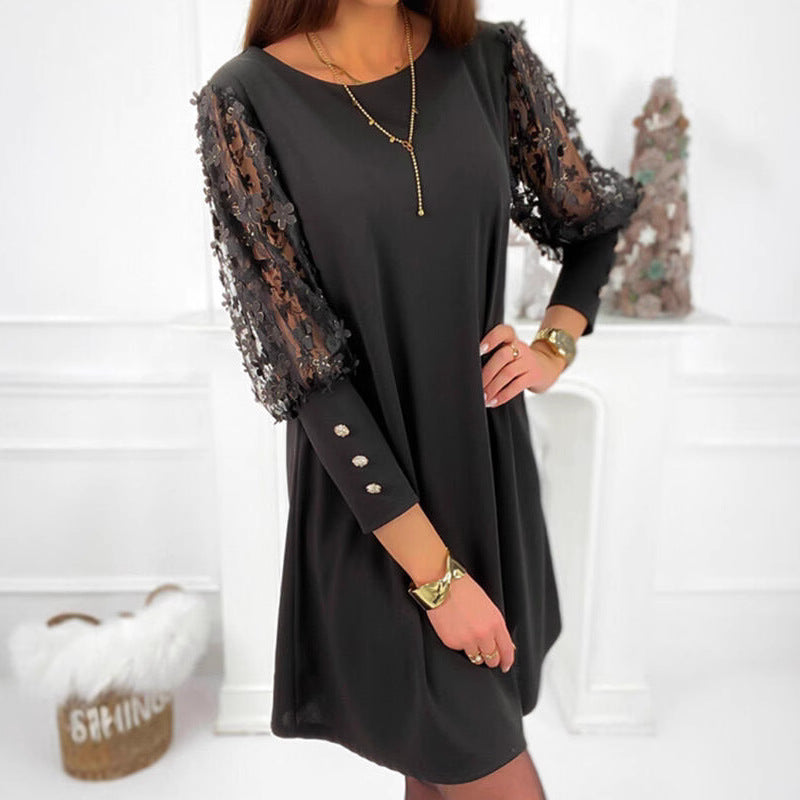 Vestido informal de manga larga con encaje calado de color liso para mujer