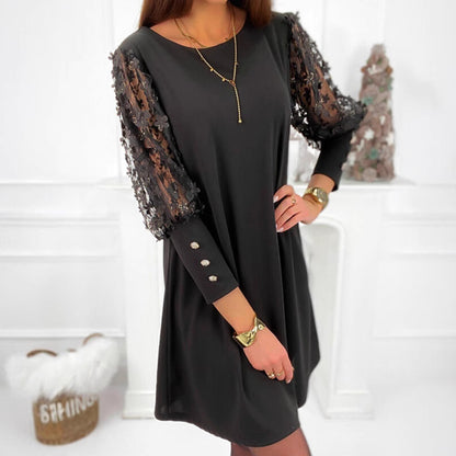 Vestido informal de manga larga con encaje calado de color liso para mujer