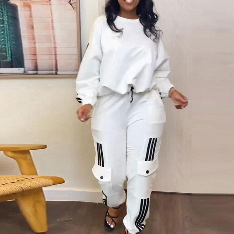 Women Fashion Casual Round Neck Long Sleeve Top Pocket Jogger Pants Two-Piece Set