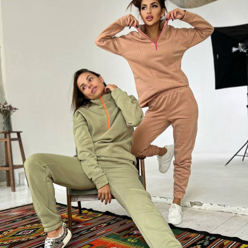 Conjunto de dos piezas de suéter y pantalones de manga larga con cremallera y solapa informal para mujer Otoño Invierno