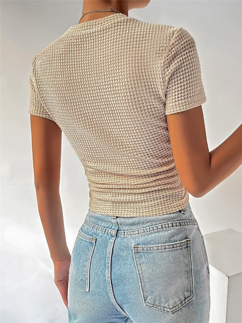 Women Fashion Casual Round Neck Knitted Short Sleeve Top