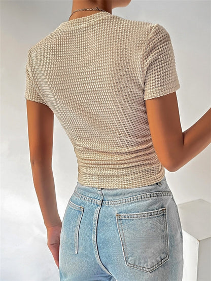 Women Fashion Casual Round Neck Knitted Short Sleeve Top