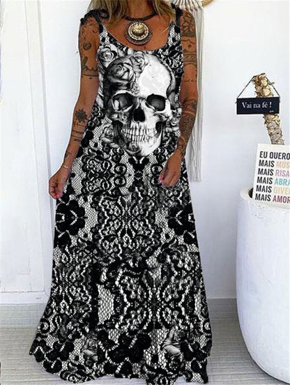 Casual Boho Stlye Women Halloween Skull Print Loose Maxi Dress