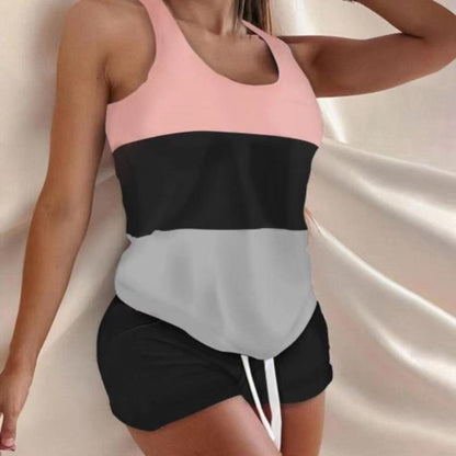 Summer Women Casual Color Blocking Sleeveless Tank Top And Shorts Set