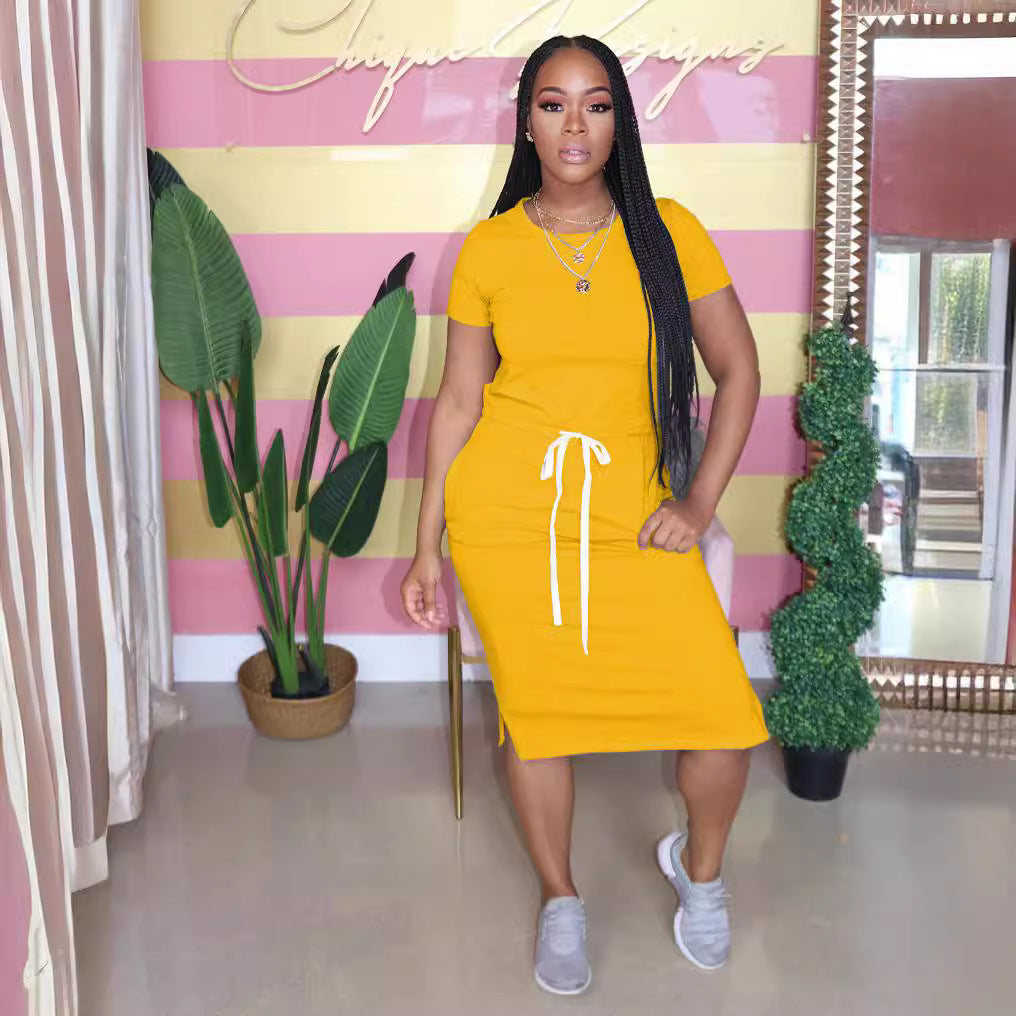 Basic Elastic Drawstring Waist Short Sleeve Solid Color Women Casual Dress