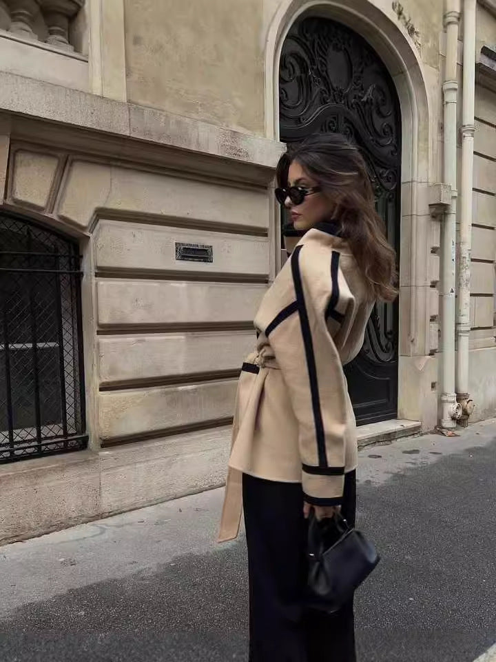 Abrigo informal de lana de doble cara con cordones y manga larga para mujer, otoño e invierno