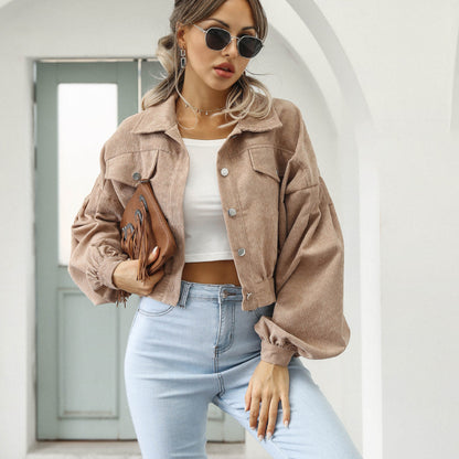 Women Fashion Casual Solid Color Corduroy Single-Breasted Sleeve Lantern Jacket