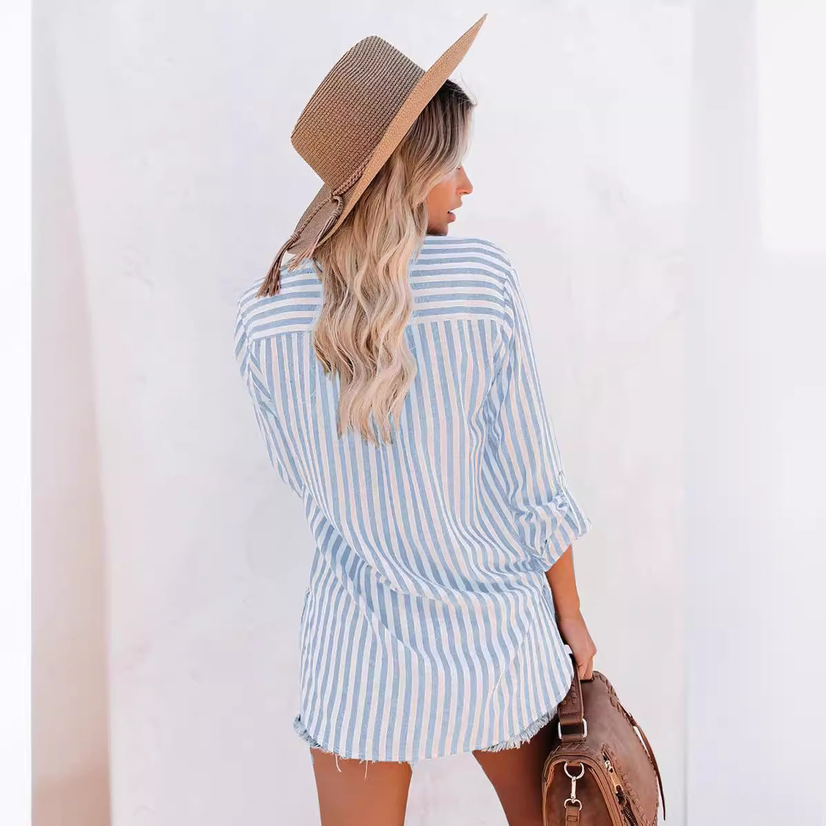 Women Casual Cotton Stripe Single-Breasted Long-Sleeved Shirt Blouse