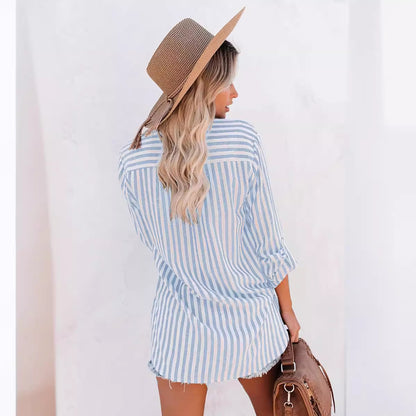 Women Casual Cotton Stripe Single-Breasted Long-Sleeved Shirt Blouse