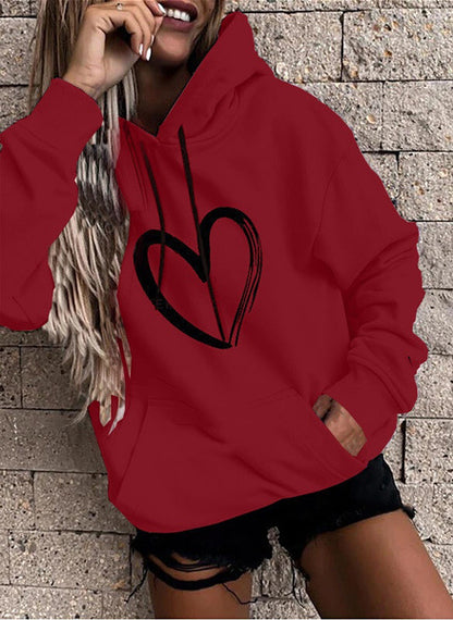 Sudadera básica informal con capucha y estampado de corazón para mujer, de manga larga