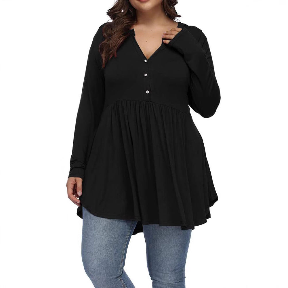 Camiseta informal de manga larga plisada con botones y escote en V de color liso para mujer, talla grande