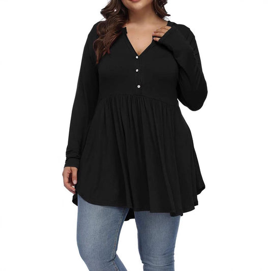 Women Casual Plus Size Solid Color V-Neck Button Pleated Long Sleeve T-Shirt
