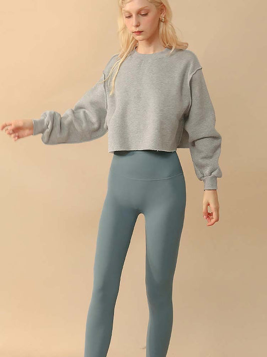 Sudadera corta informal de manga larga con cuello redondo y color liso para mujer de otoño e invierno