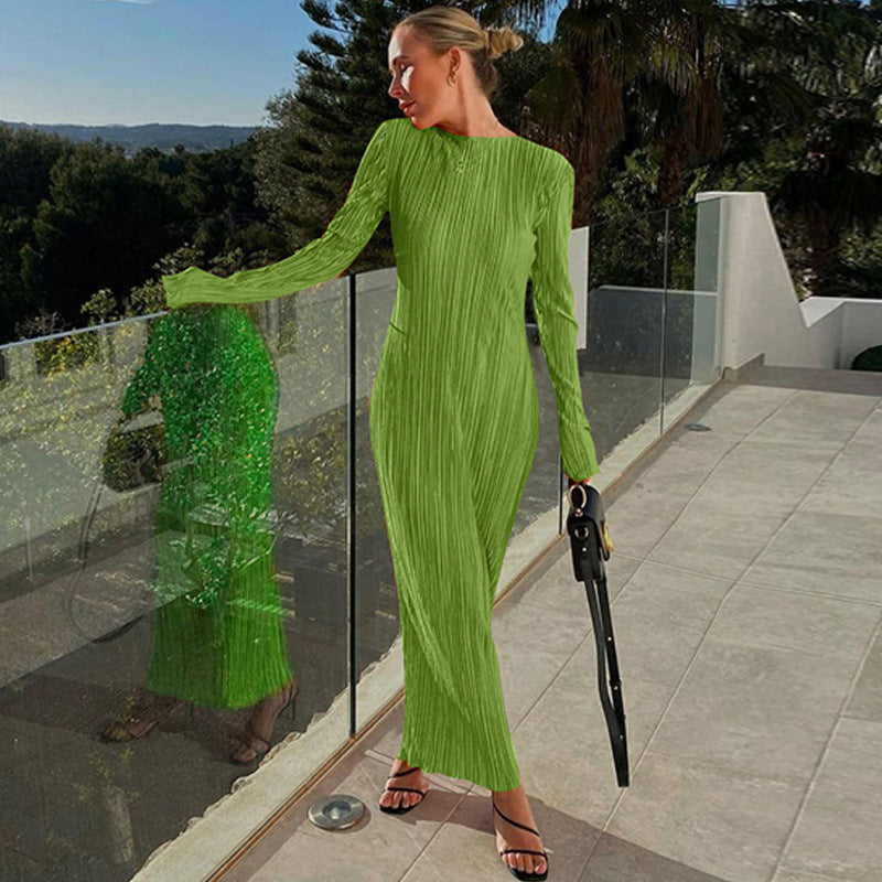 Women Basic Autumn Fashion Casual Solid Color Round Neck Long Sleeve Slim Dress
