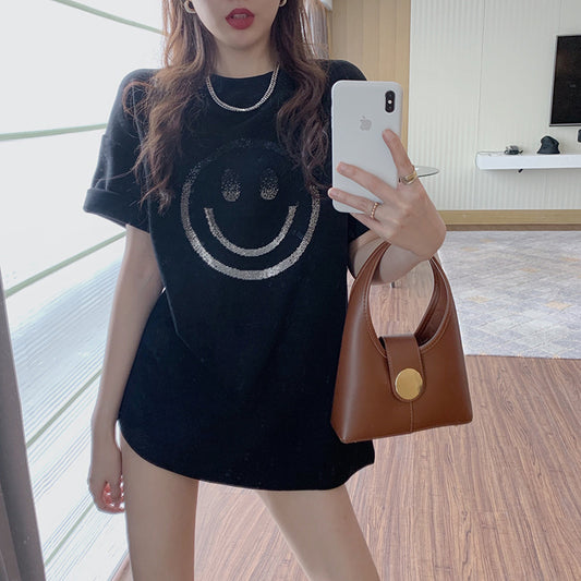 Camiseta básica informal de verano para mujer, holgada, con estampado de sonrisas y manga corta