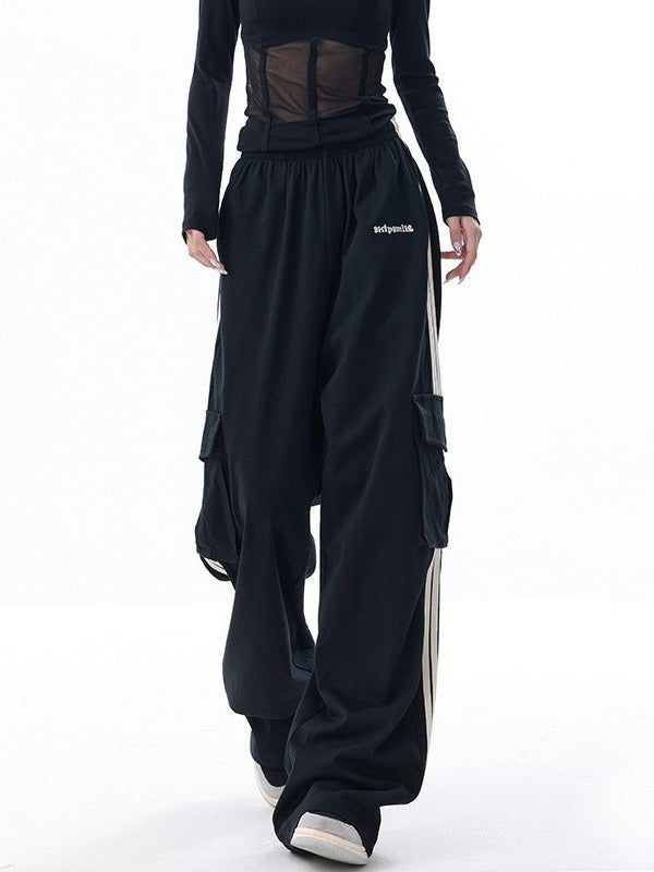 Black Stripe Casual Women Spring And Autumn Wide Leg Stripe Sports Pocket Cargo Pants
