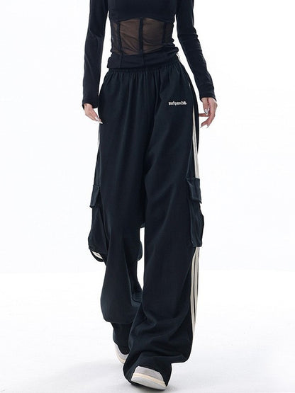 Black Stripe Casual Women Spring And Autumn Wide Leg Stripe Sports Pocket Cargo Pants