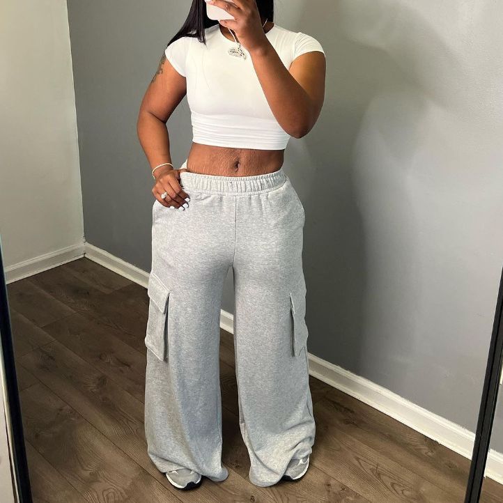 Women Fashion Casual High Waist Wide Legs Cargo Pants