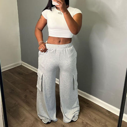 Women Fashion Casual High Waist Wide Legs Cargo Pants