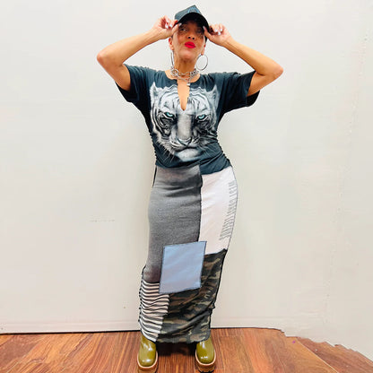 Women Fashion Casual Splicing Printed V-Neck Short-Sleeve Slim Fit Dress