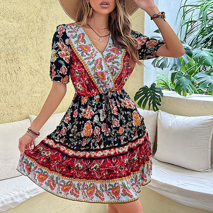 Women Summer Casual Bohemian Style Tiny Flower Printed V-Neck Dress