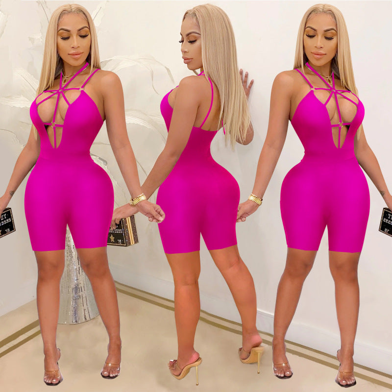 Mono informal ajustado con escote en V profundo y tirantes para mujer, de color liso