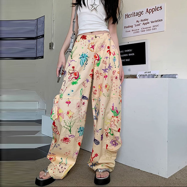 Women Graffiti Flower Print Casual Overalls Summer High Waist Loose Cargo Pants