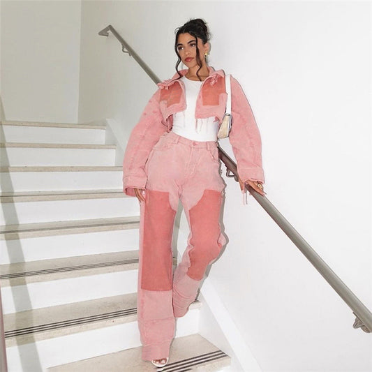 Vaqueros holgados de cintura alta con bloques de color informales a la moda para mujer