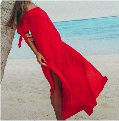 Women Fashion Casual Solid Color Boat Neck Short Sleeve Slit Long Dress